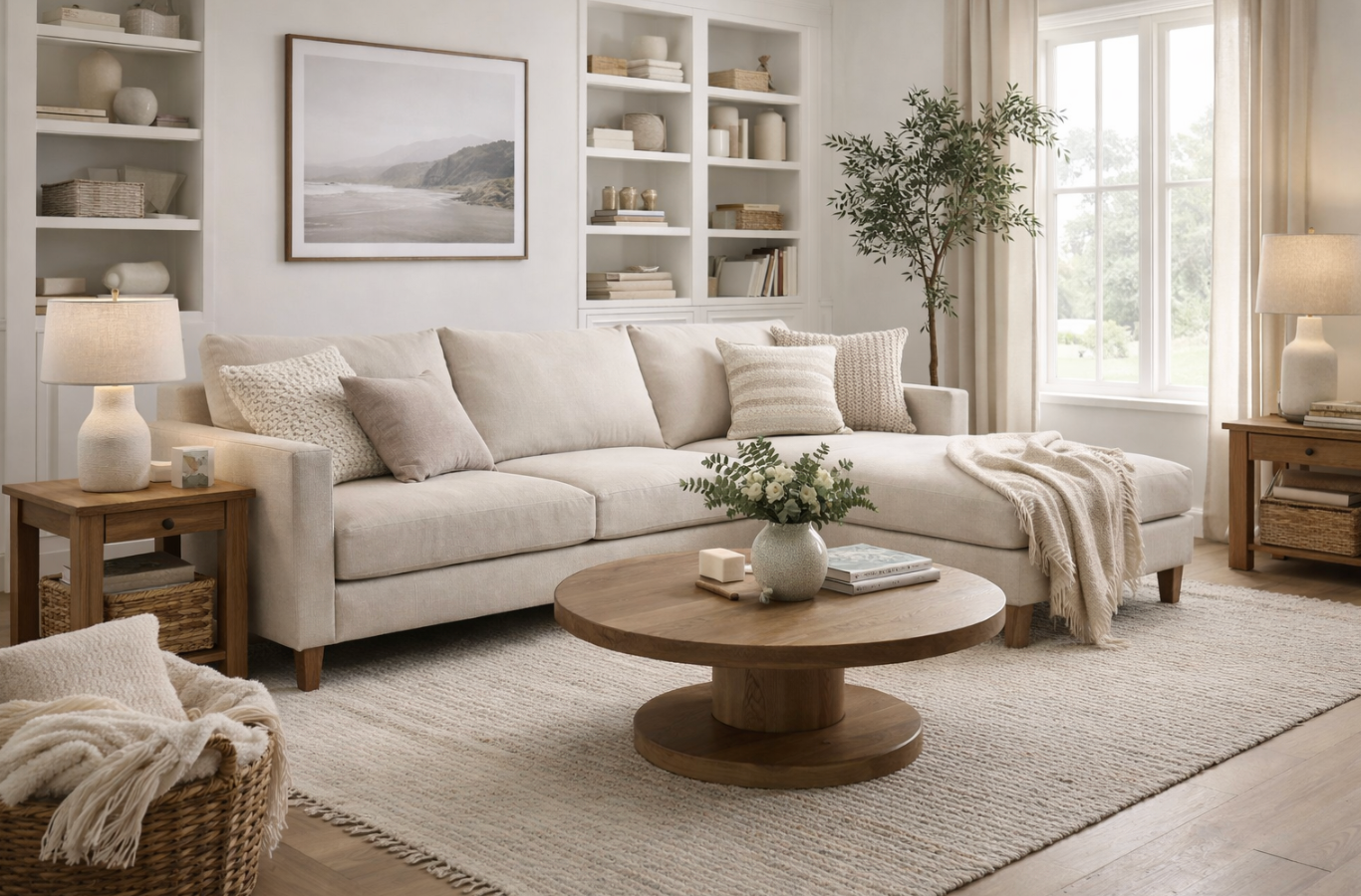 Cozy living room with a sectional sofa, coffee table, and decorative elements.