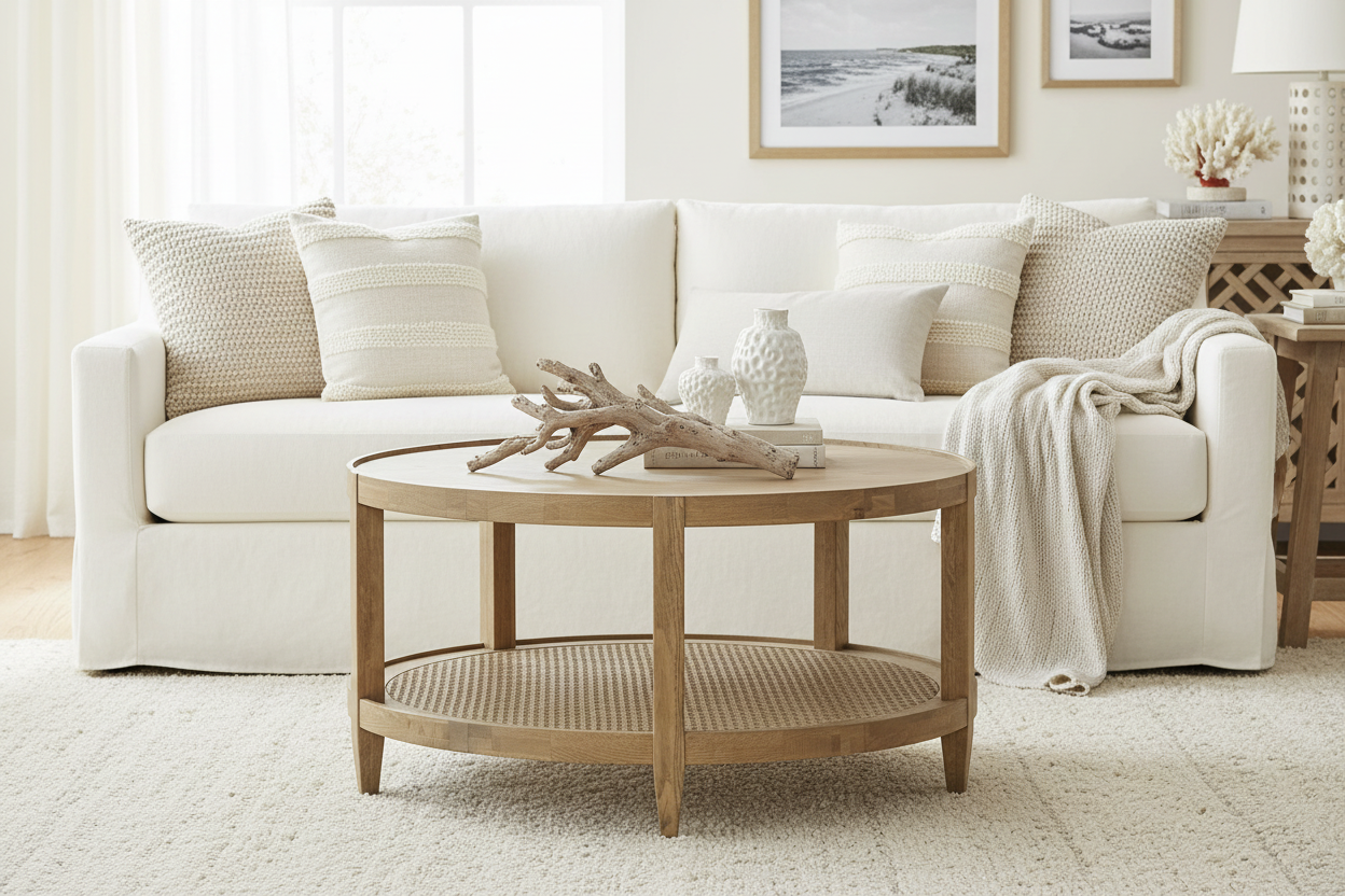 Oak and cane table in a Pottery Barn style coastal beach living room 