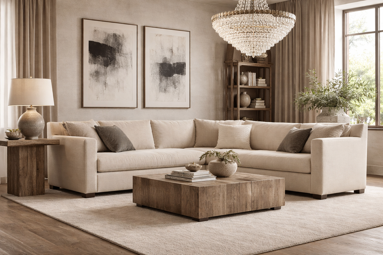 Modern living room with beige sectional sofa, wooden coffee table, and decorative elements.