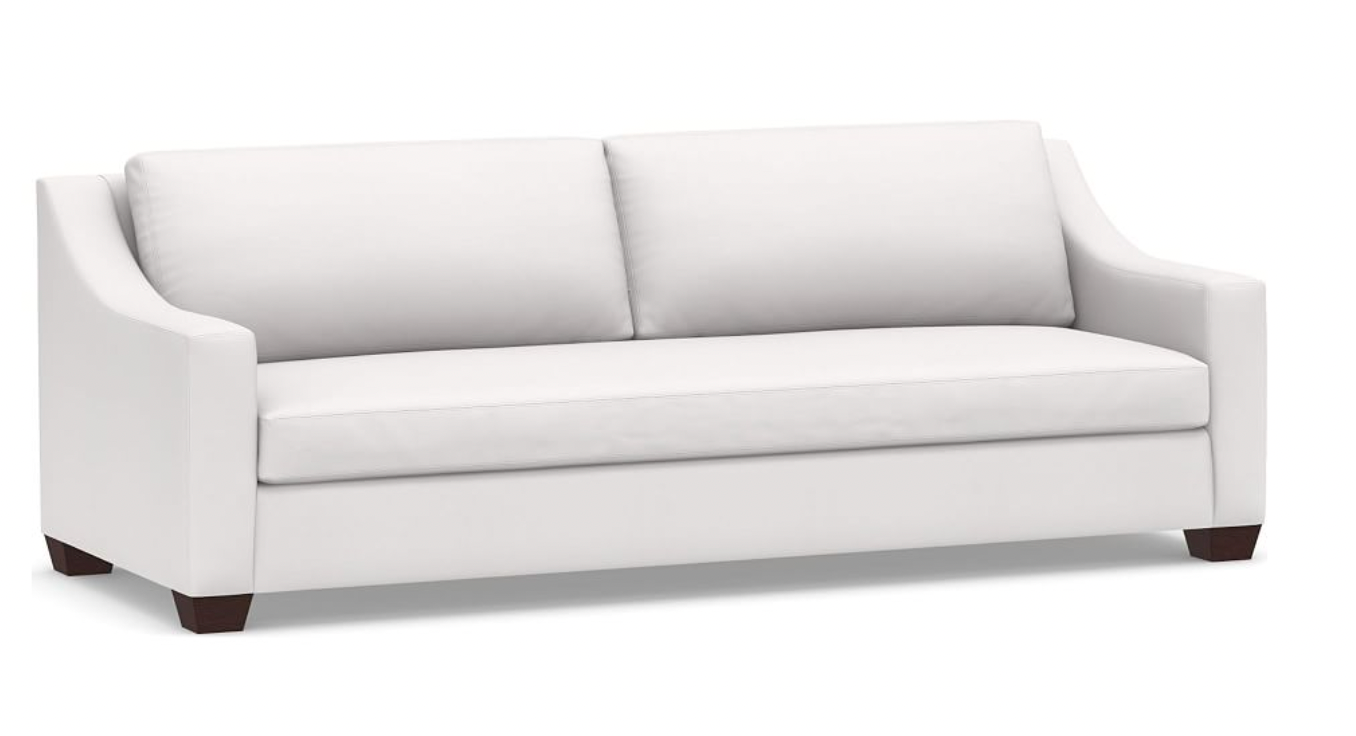 A white Morgan Slope Arm Sofa with a sleek modern design, shown without cushions.