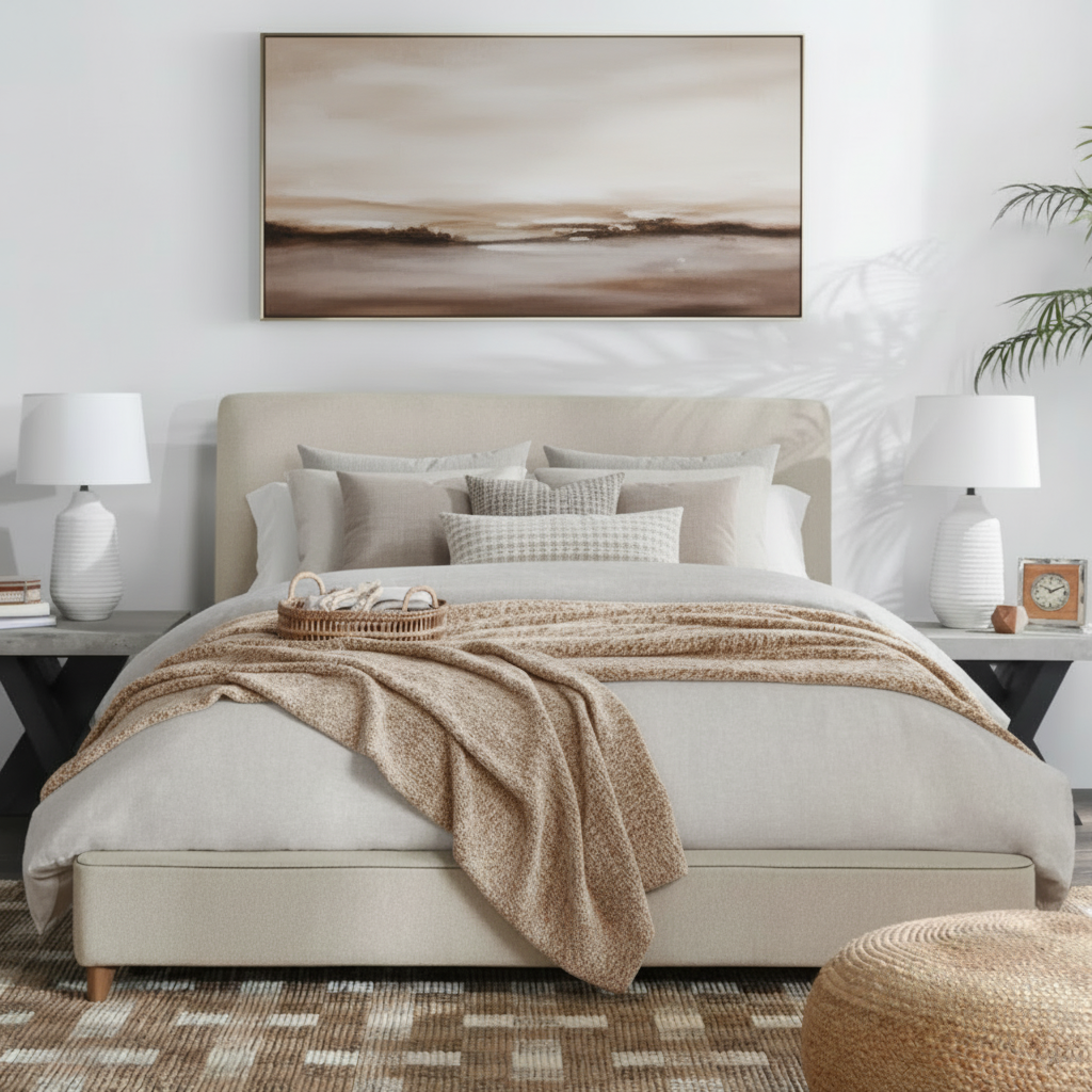 Oliver Upholstered Bed in a Pottery Barn inspired room